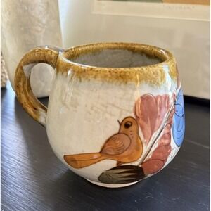 Vintage Tonola Mexican Pottery Cup Hand Painted Floral W/bird Design  4.25" Tall
